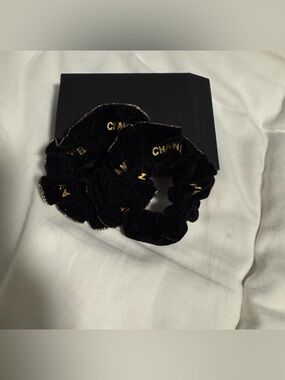 CHANEL 2pack of Scrunchies with gold Chanel written all around them! With box!